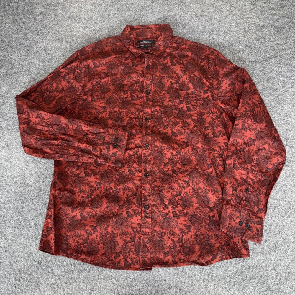 Marc Anthony Luxury Slim Fit Shirt Men Large Red Black Floral Cotton Long Sleeve